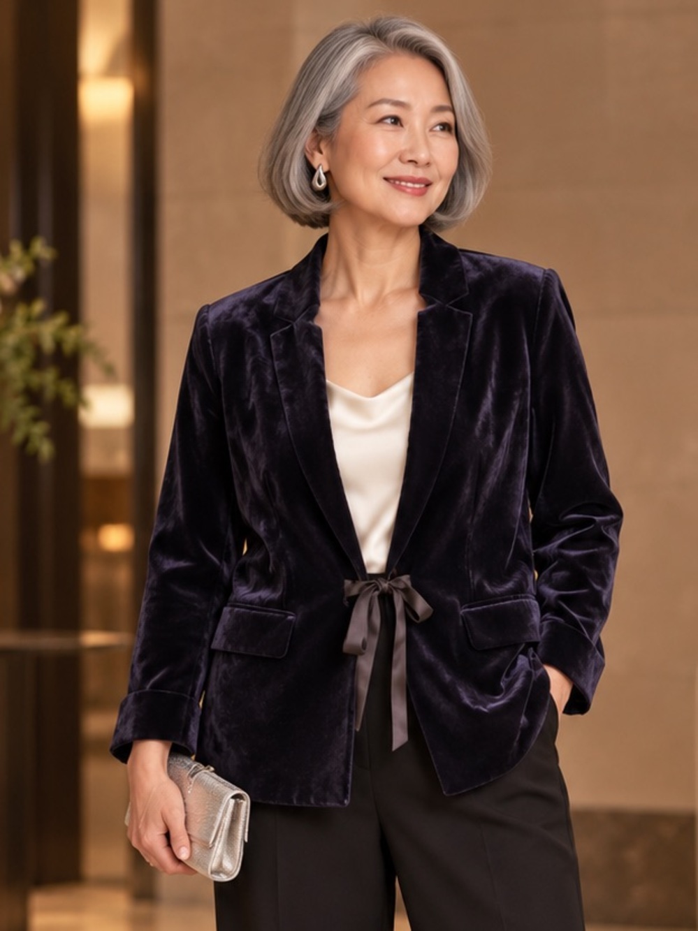 Talbots RSVP Navy Velvet Ribbon Tie Blazer Petite 14P